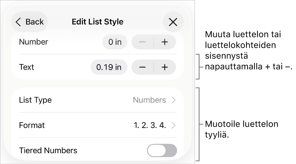 Muokkaa luettelotyyliä -valikko, jossa on säätimet sisennysten välistystä, luettelotyyppiä ja -muotoa, tasoittaista numerointia ja riviväliä varten.