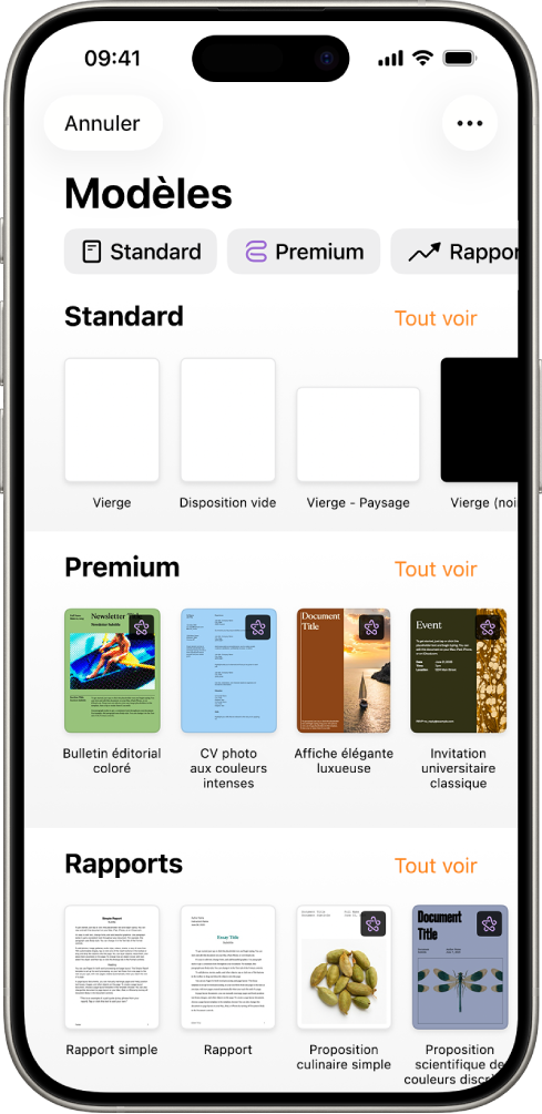 La liste de modèles, avec un rang de catégories en haut que vous pouvez toucher pour filtrer les options. En dessous, vous trouverez les vignettes des modèles prédéfinis disposées en rangs par catégorie, en commençant par Nouveau en haut, puis Récents et Standard. Un bouton Tout afficher apparaît à droite au-dessus du rang de chaque catégorie.