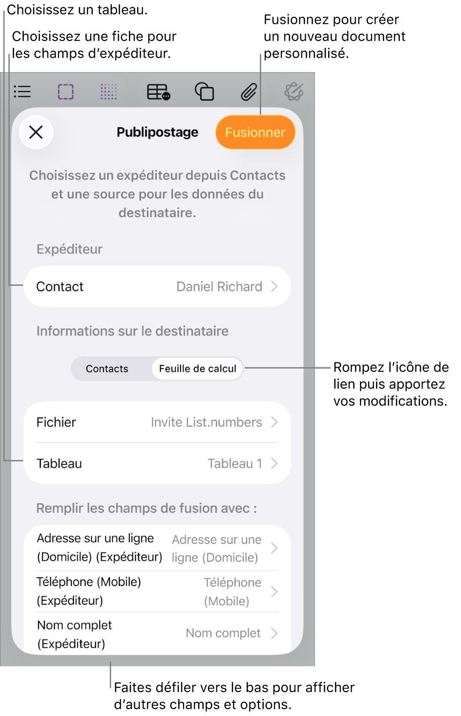 Sous-fenêtre Publipostage ouverte, avec des options pour choisir les informations de l’expéditeur, modifier le fichier ou le tableau source, prévisualiser les noms des champs de fusion ou fusionner le document.