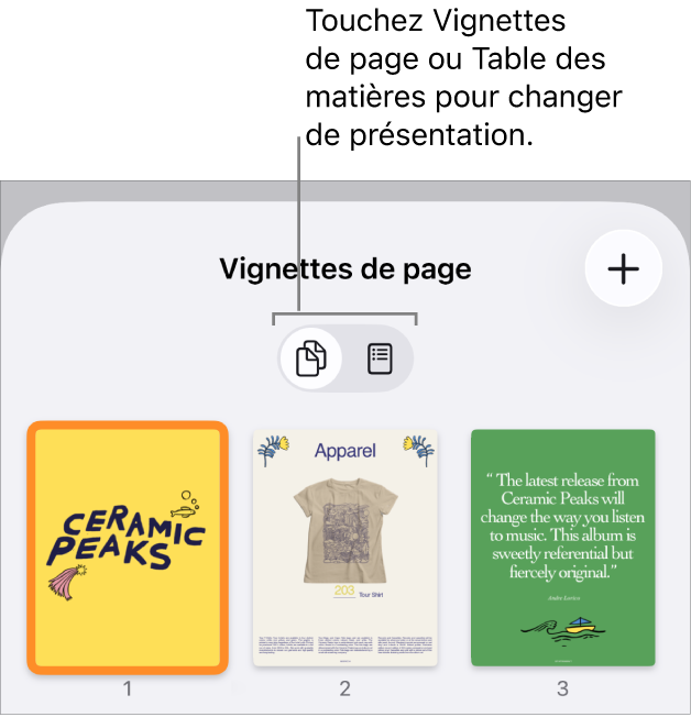 Présentation Vignettes de page avec des vignettes de chaque page. Un bouton Vignettes de page et un bouton Table des matières se trouvent en bas de l’écran.