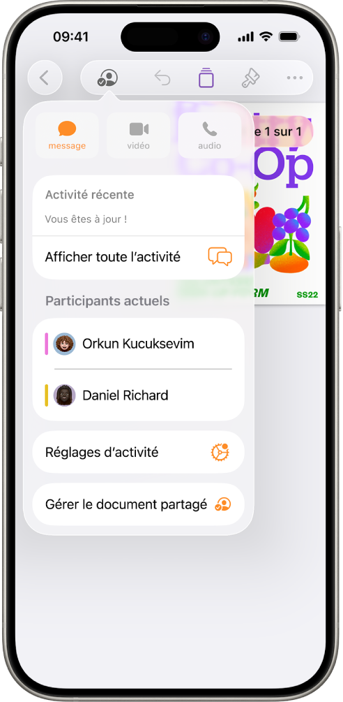 Le menu de collaboration affichant le nom des personnes qui collaborent sur le document.