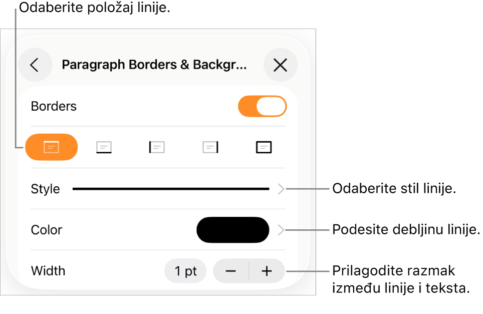Kontrole za promjenu stila, debljine, položaja i boje linije.