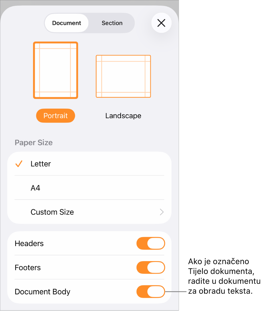 Podešenje dokumenta otvoreno s označenom opcijom Tijelo dokumenta u dokumentu za obradu teksta.