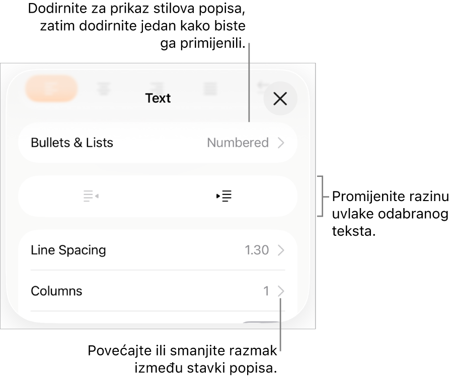 Odjeljak Predznaci i popisi kontrola formatiranja s oblačićima na Predznake i popise, tipke za izvlake i uvlake i kontrole razmaka između redaka.