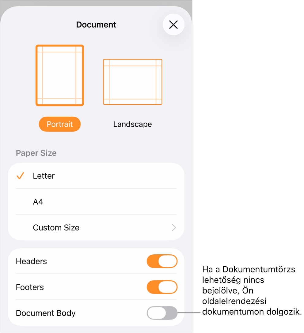 A megnyitott Dokumentum beállítása menü a bejelöletlen Dokumentumtörzs lehetőséggel egy szövegszerkesztő-dokumentumban.