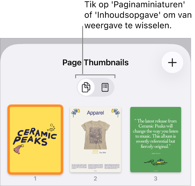 De paginaminiatuurweergave met miniatuurafbeeldingen van elke pagina. Onder in het scherm staan de knoppen 'Paginaminiaturen' en 'Inhoudsopgave'.