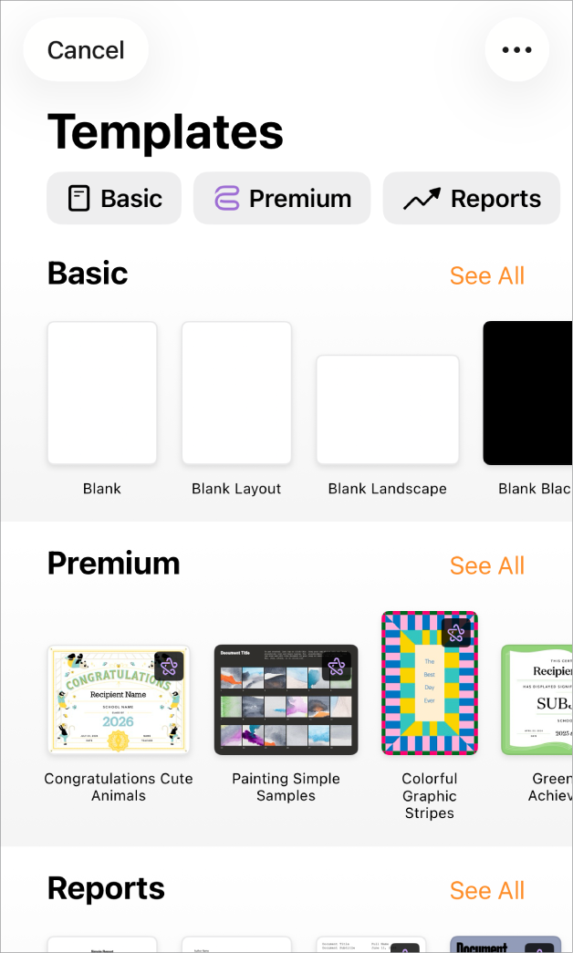 Malvelgeren med en rad med kategorier langs toppen som du kan trykke på for å filtrere alternativene. Nedenfor vises miniatyrbilder av forhåndsdesignede maler arrangert i rader etter kategori, med Ny øverst, etterfulgt av Sist brukte og Enkle. En Vis alle-knapp vises over og til høyre for hver kategorirad. Språk og region-knappen er øverst til høyre.