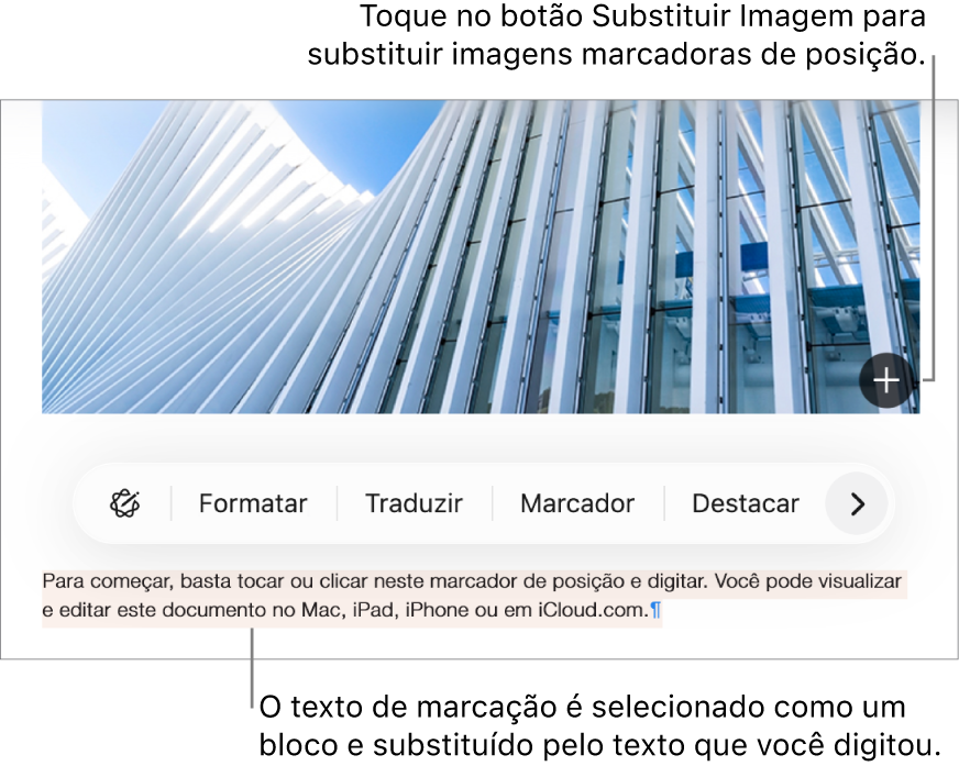Texto e imagens do marcador de posição.