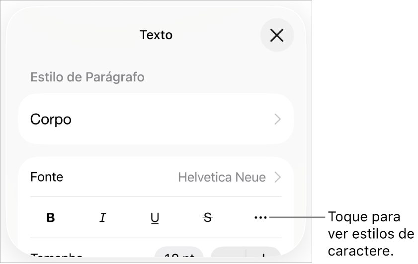 Controles Formatar com os botões Negrito, Itálico, Sublinhado, Tachado e “Mais opções de texto”.