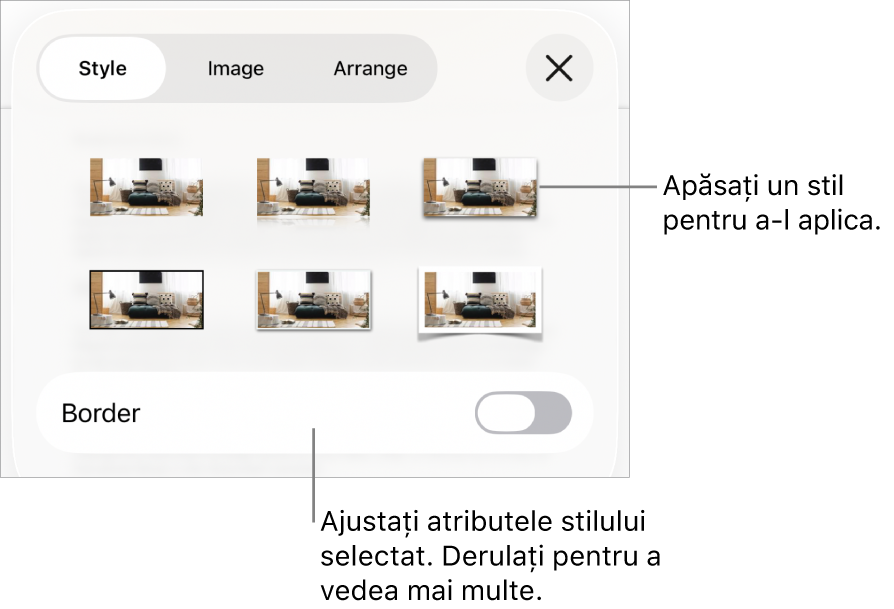 Fila Stil a meniului Format cu stilurile de obiect în partea de sus și o comandă sub acestea pentru modificarea bordurii.