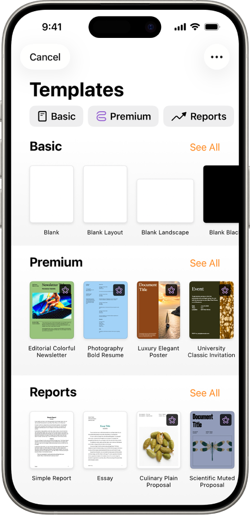 Výber šablón zobrazujúci v hornej časti riadok kategórií, na ktoré môžete klepnúť a filtrovať tak možnosti. Nižšie sú miniatúry preddefinovaných šablón zoradených podľa kategórií do riadkov. Zoznam začína v hornej časti kategóriou Nové a nasledujú Posledné a Základné. V hornej časti napravo od každého riadka kategórie sa zobrazí tlačidlo Zobraziť všetky.