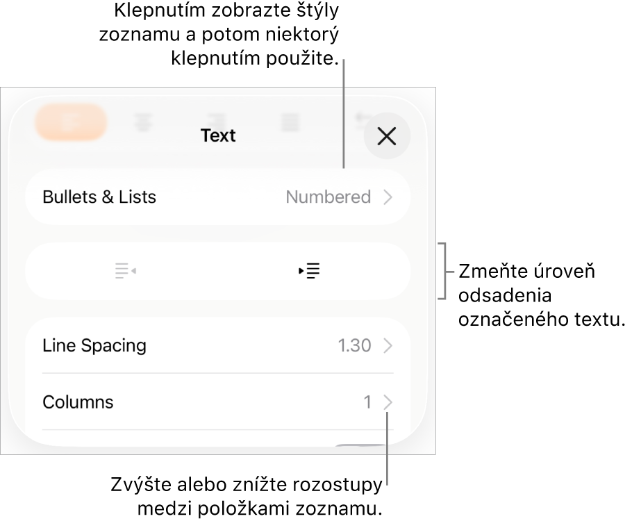 Sekcia Odrážky a zoznamy ovládacích prvkov Formát s bublinami popisujúcimi položku Odrážky a zoznamy, tlačidlami odsadenia a ovládacími prvkami na nastavenie medzery medzi riadkami.