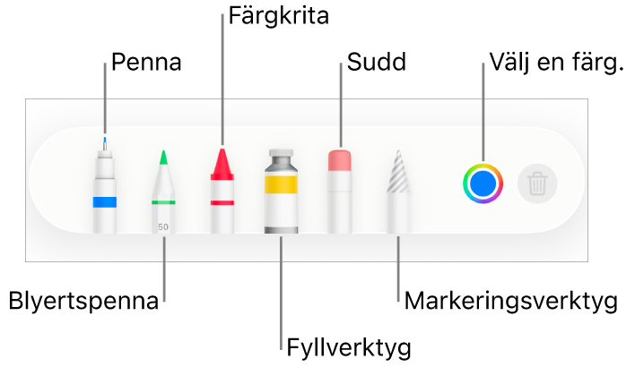 Ritverktygsfältet i Pages på iPhone med en penna, blyertspenna, krita, fyllningsverktyg, sudd, markeringsverktyg och en färgkälla som visar den aktuella färgen.