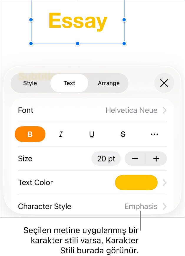 Renk denetimlerinin altında Karakter Stili ile Metin biçimleme denetimleri. Karakter stili olarak yanında yıldızla Yok görünüyor.
