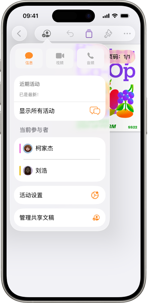 协作菜单,显示协作处理文稿的用户的名字。