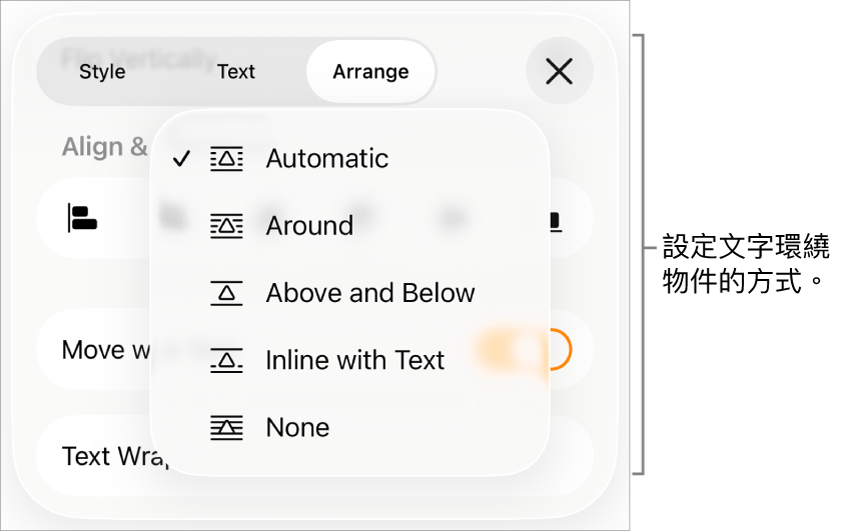 「文字環繞」控制項目帶有以下設定：「自動」、「周圍」、「上方」和「下方」、「隨文字內嵌」和「無」。