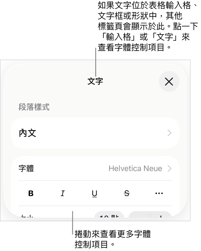 「格式」選單中設定段落及字元樣式、字體、大小和顏色的文字控制項目。