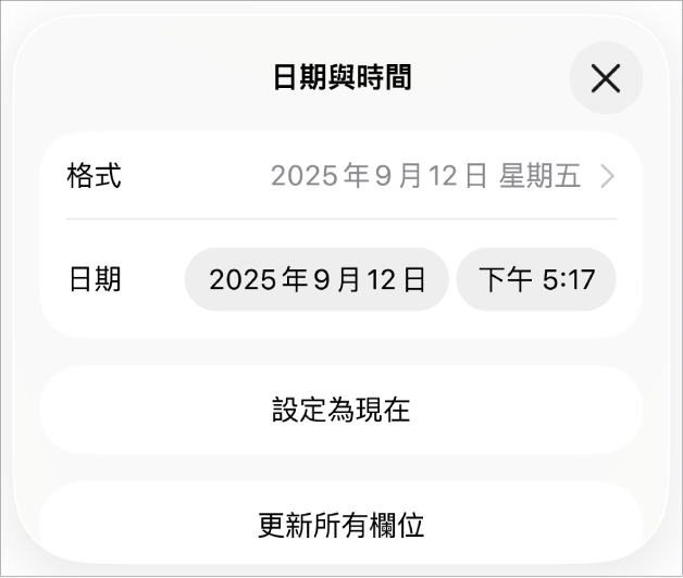 「日期與時間」控制項目，顯示日期的「格式」彈出式選單、「設定為現在」按鈕和「更新所有欄位」按鈕。