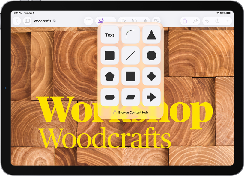 قائمة إدراج مع أزرار على امتداد الجزء العلوي لإضافة الجداول والمخططات والأشكال والوسائط. تم تحديد الأشكال وتعرض القائمة صفًا من الفئات وعلى يمينها زر بحث. تم تحديد الفئة أنشطة وتظهر أشكال أسفلها.