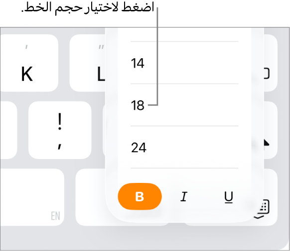 زر حجم الخط على الجهة اليسرى من لوحة مفاتيح الـ iPad وبها قائمة حجم الخط مفتوحة. أحجام الخط القياسية لحكومة بر الصين الرئيسي تظهر في أعلى القائمة مع أحجام النقاط في الأسفل.