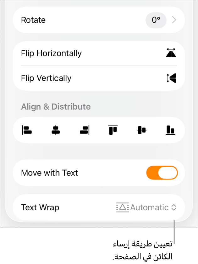 عناصر التحكم في التنسيق وتظهر علامة التبويب ترتيب محددة وعناصر التحكم للخيارات نقل للخلف/المقدمة وتحريك مع النص والتفاف النص.