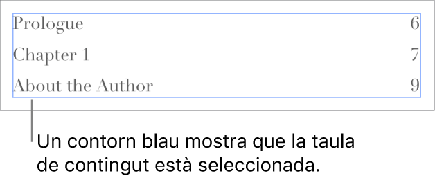Una taula de contingut inserida en un document. Entrades que mostren les capçaleres amb els seus números de pàgina.