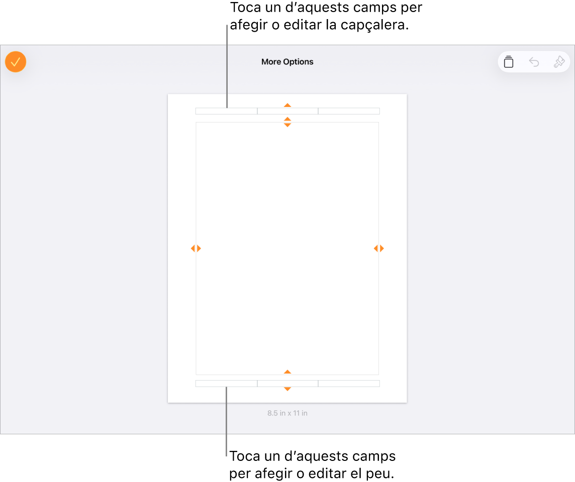 La vista “Més opcions” amb tres camps a la part superior del document per a les capçaleres i tres camps a la part inferior per als peus de pàgina.