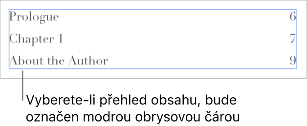 Přehled obsahu vložený do dokumentu. Jednotlivé položky uvádějí vždy nadpis kapitoly s příslušným číslem stránky