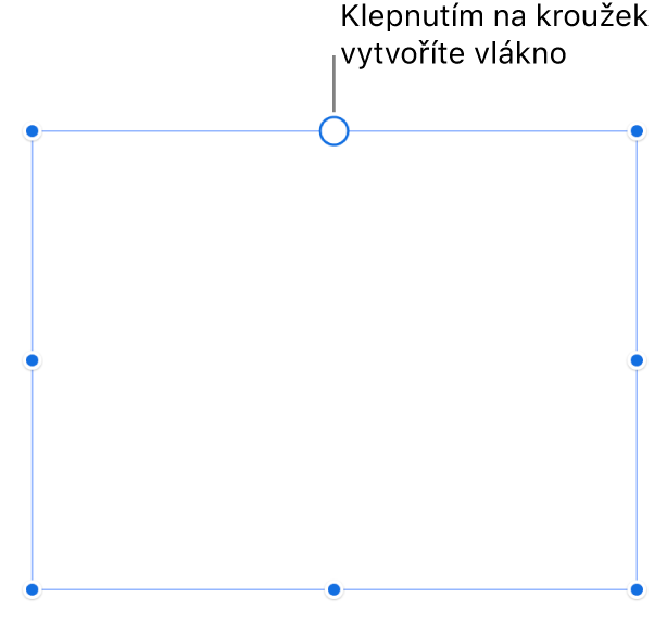 Prázdný textový rámeček s bílým kroužkem v horní části a úchyty pro nastavení velikosti v rozích, na stranách a ve spodní části