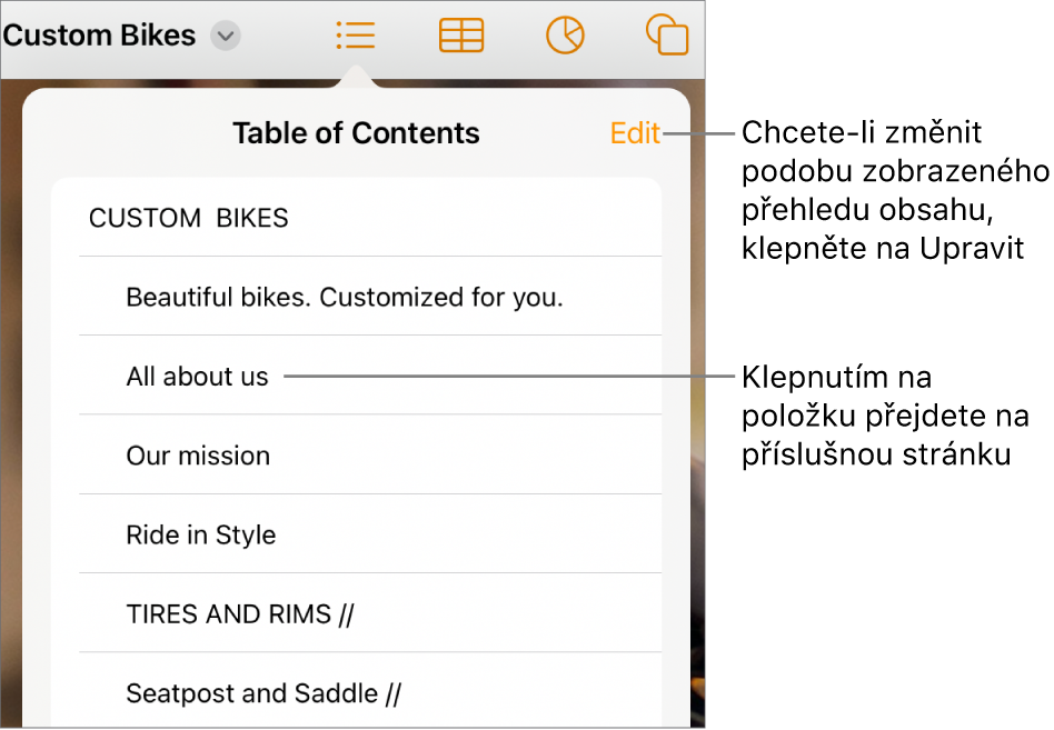 Zobrazení obsahu se seznamem položek. V pravém horním rohu se nachází tlačítko Upravit
