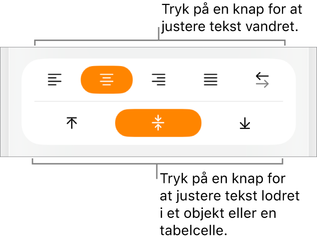 Vandrette og lodrette justeringsknapper til tekst.