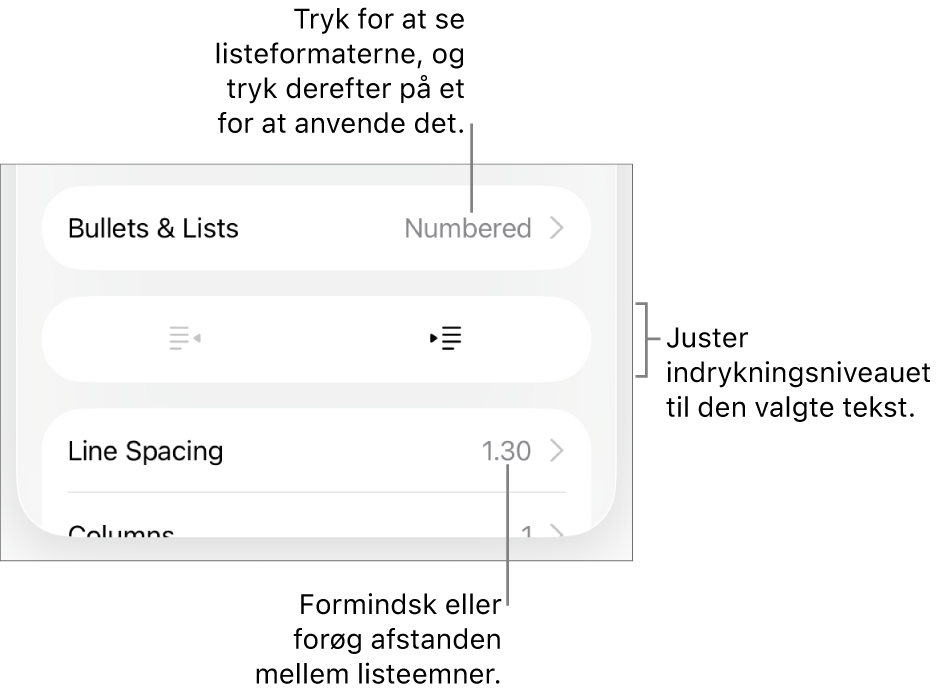 Området Punkter & lister under betjeningsmulighederne til format med billedforklaringer til Punkter & lister, knapperne Ryk ind og Ryk ud og betjeningsmulighederne til linjeafstand.