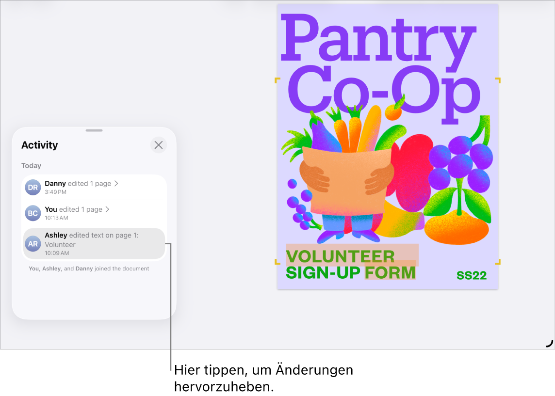 Ein gemeinsames Dokument mit der geöffneten Aktivitätenliste.