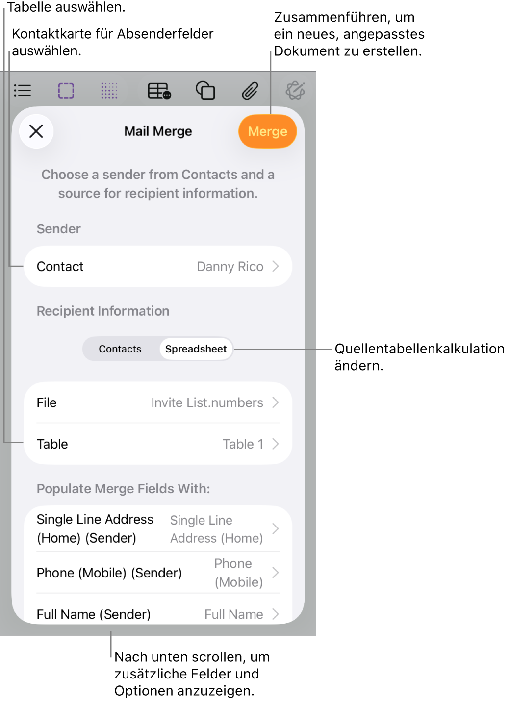 Der geöffnete Bereich „Serienbrief“ mit Optionen zum Auswählen von Absenderinformationen, Ändern der Quelldatei oder -tabelle, Anzeigen einer Vorschau der Serienbrieffeld-Namen bzw. einzelner Einträge oder Erstellen des Serienbrief-Dokuments.