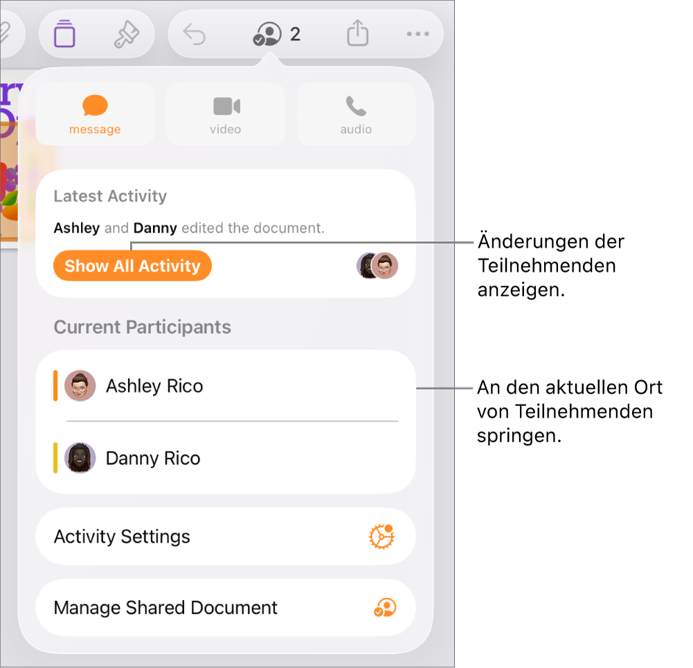 Das Menü „Zusammenarbeiten“ mit einer Liste der aktuellen Teilnehmer:innen.