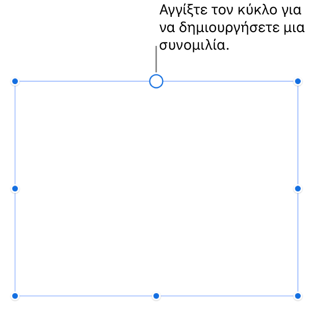 Ένα κενό πλαίσιο κειμένου με έναν λευκό κύκλο στο πάνω μέρος και λαβές αλλαγής μεγέθους στις γωνίες, στο πλάι και στο κάτω μέρος.