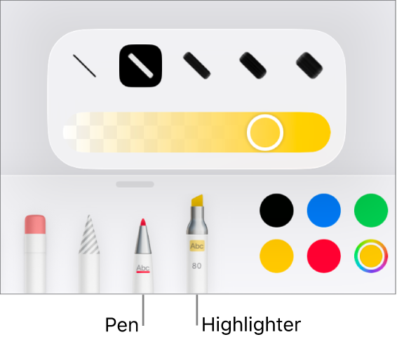 The Smart Annotation tool menu with pen and highlighter buttons, line width options and the opacity slider.