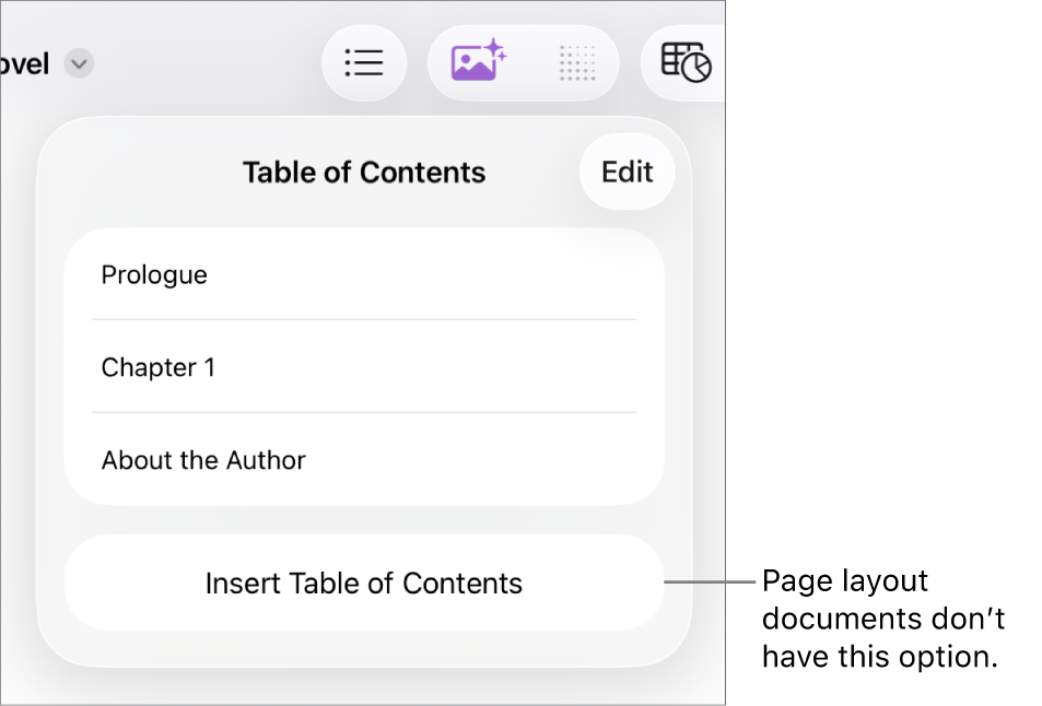The table of contents view with Edit in the top-right corner, TOC entries, and the Insert Table of Contents button at the bottom.