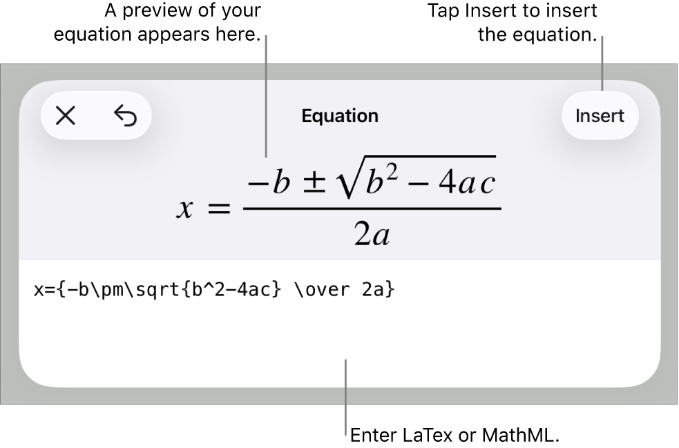 The Equation dialogue, showing an equation written using MathML commands, and a preview of the formula above.