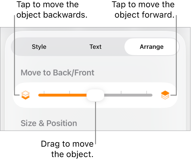 The Move Backward button, the Move Forward button and the layering slider.