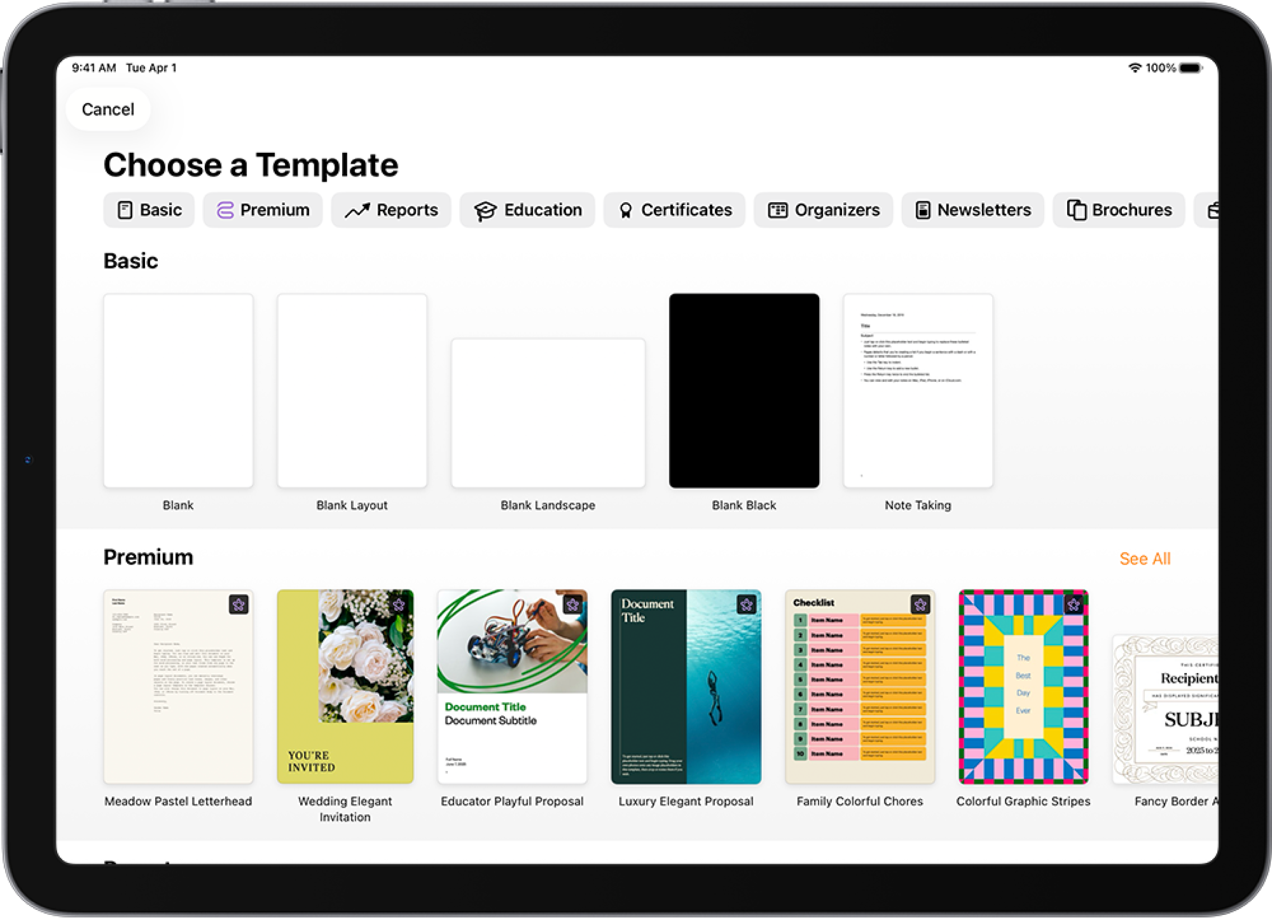 The template chooser, showing a row of categories across the top that you can tap to filter the options. Below are thumbnails of pre-designed templates arranged in rows by category, starting with Recents at the top and followed by Basic and Reports. A See All button appears above and to the right of each category row.