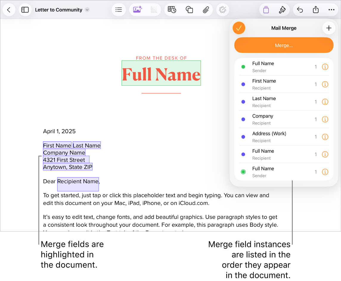Pages document with recipient and sender merge fields, and the merge field instances list visible in the Document sidebar.