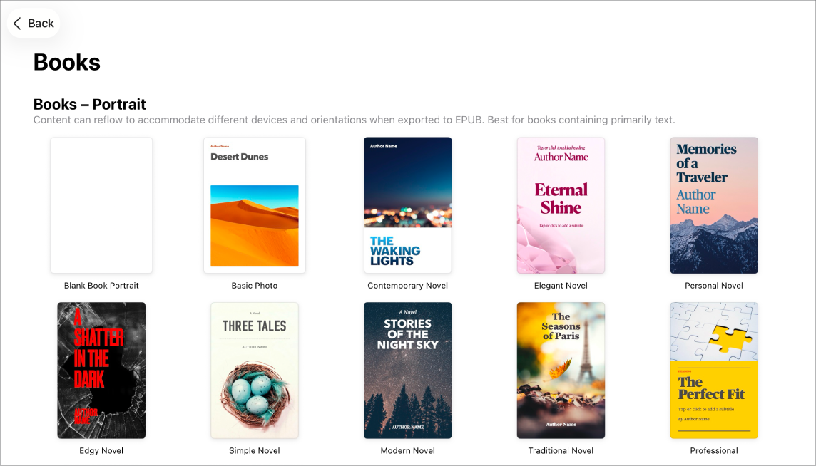 The template chooser with book templates in portrait orientation at the top and landscape orientation below.
