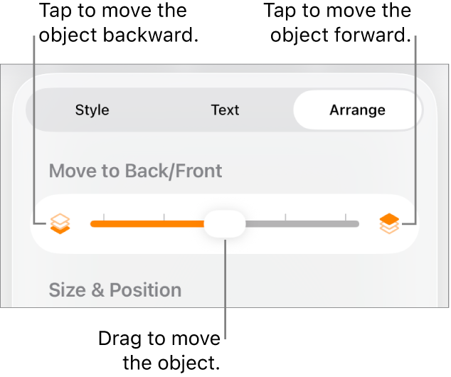 The Move Backward button, the Move Forward button, and the layering slider.