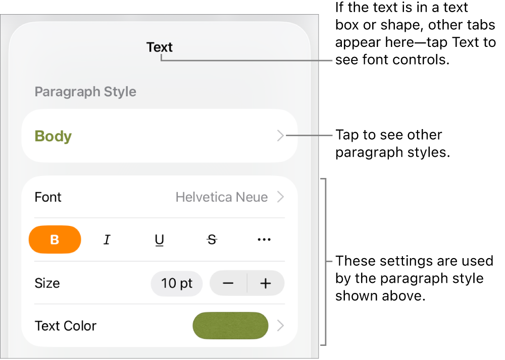 The Format menu showing text controls for setting paragraph and character styles, font, size, and color.