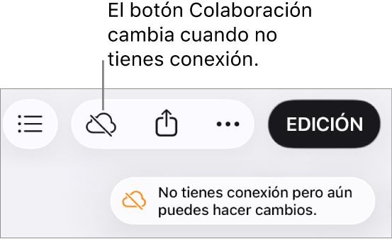 Una alerta en la pantalla muestra el mensaje: No tienes conexión pero aún puedes hacer cambios.