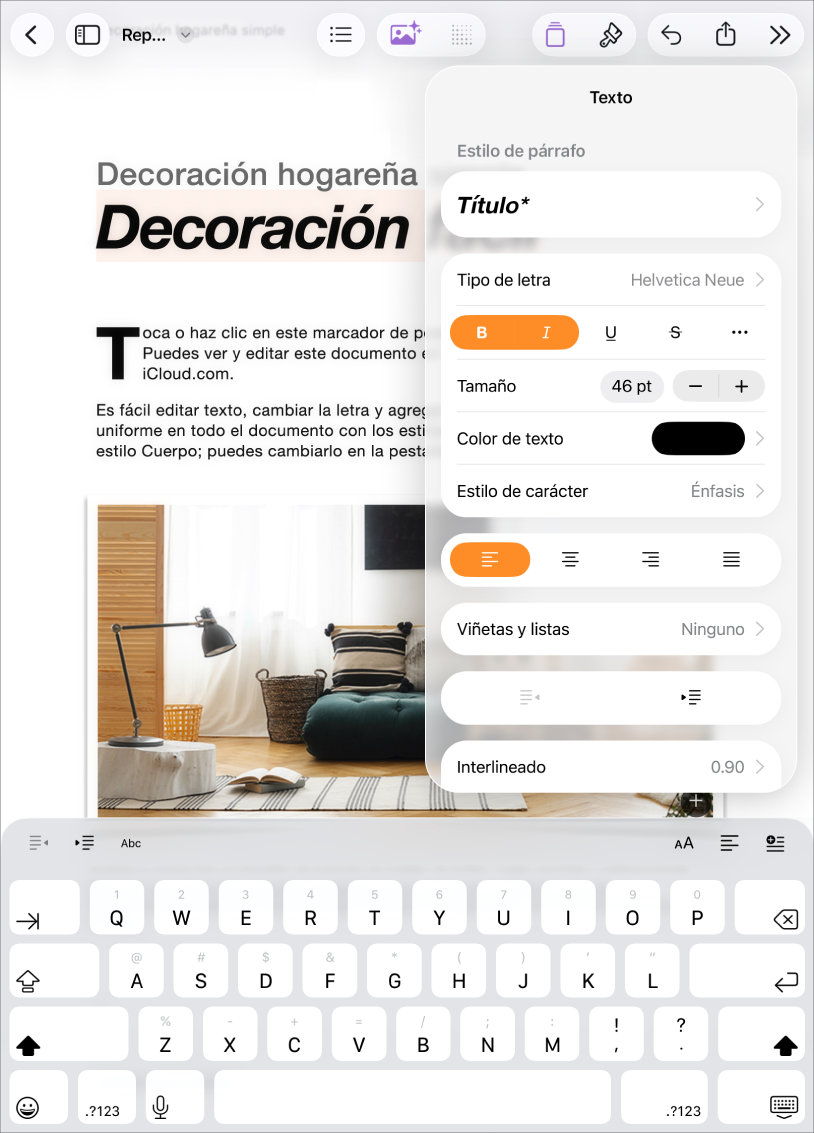 Documento de Pages abierto con texto seleccionado y las opciones de formato de texto abiertas.