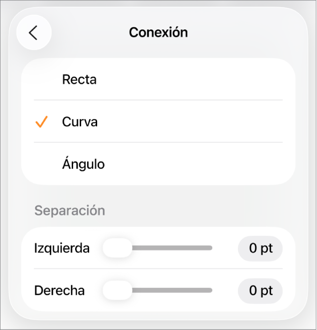 Los controles de Conexión con la opción Curva seleccionada.