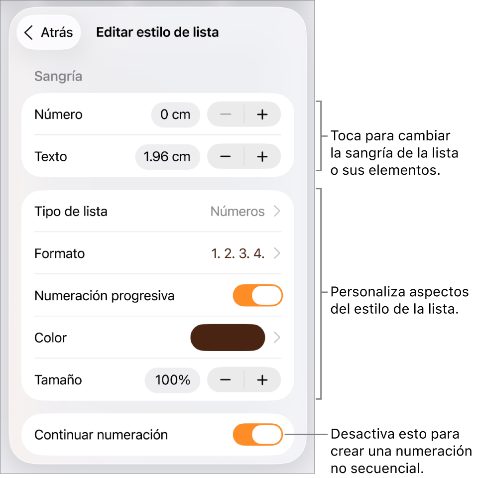El menú Editar estilo de lista con controles para el espaciado de la sangría, el tipo y el formato de la lista, los números escalonados, el color y el tamaño de la lista y la numeración continua.
