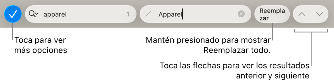 Los controles Buscar y reemplazar arriba del teclado con mensajes en los botones Opciones de Búsqueda, Reemplazar, Subir y Bajar